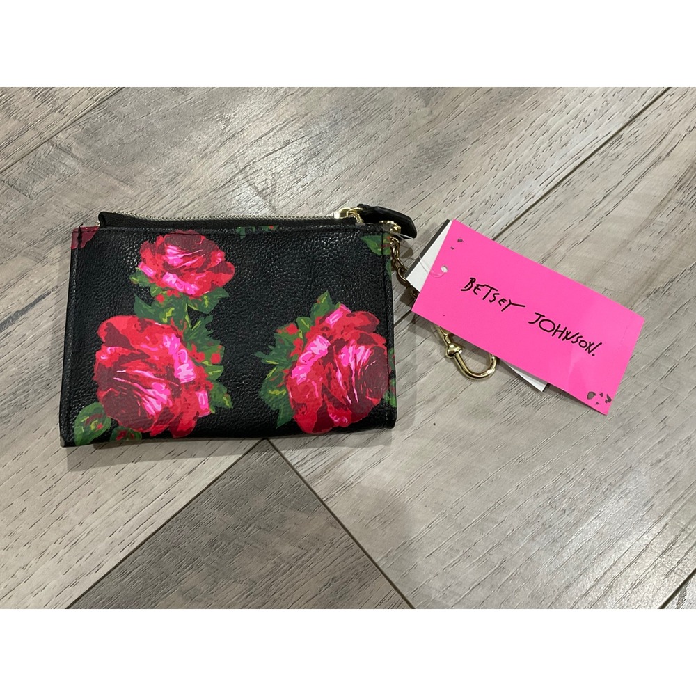 Betsey Johnson Floral ID Case Wallet Black Pink Rose Faux Leather Keychain NWT‎ - Picture 3 of 4